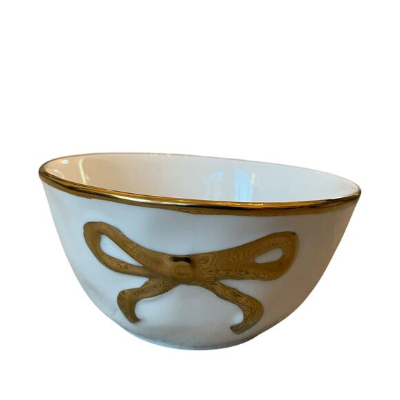 Hand Painted Coquette GOLD BOW Salad Bowls 6.25in White Ceramic Set of 4 NEW